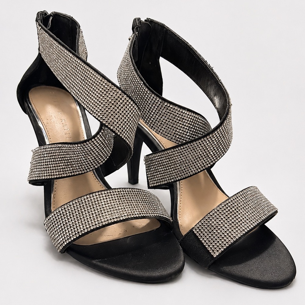 Kelly & Katie Rhinestone Heels Black Strappy Sandals Sparkly Evening Shoes - Picture 3 of 6